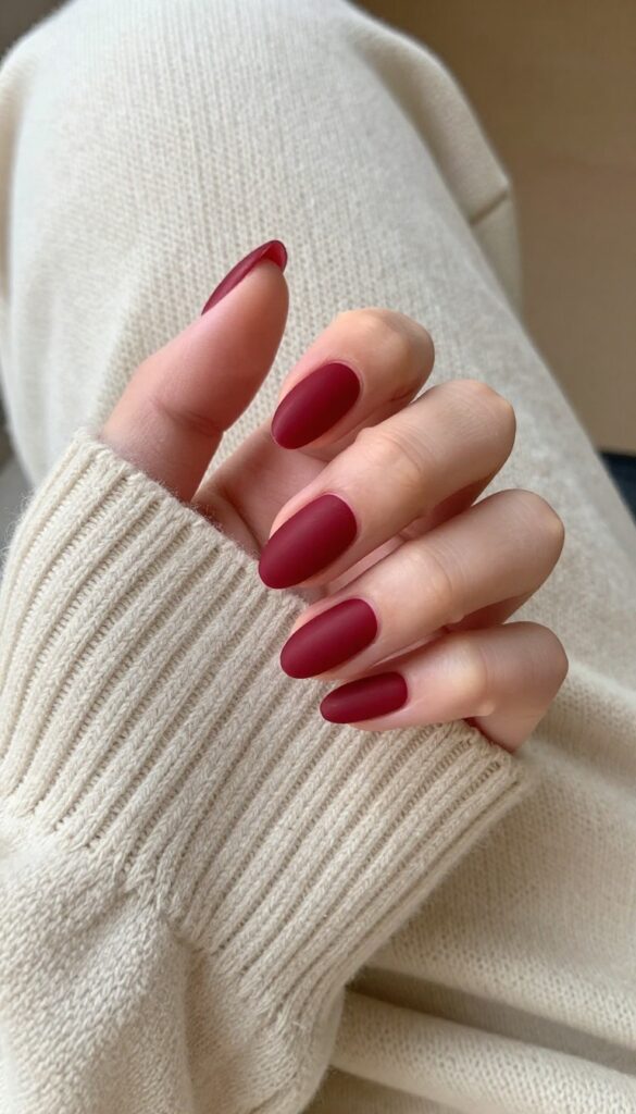 Velvet red matte nails on almond shape, autumn manicure