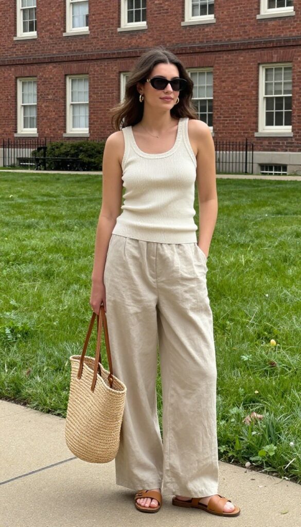13. Knit Tank Top, Linen Pants, and Slide Sandals