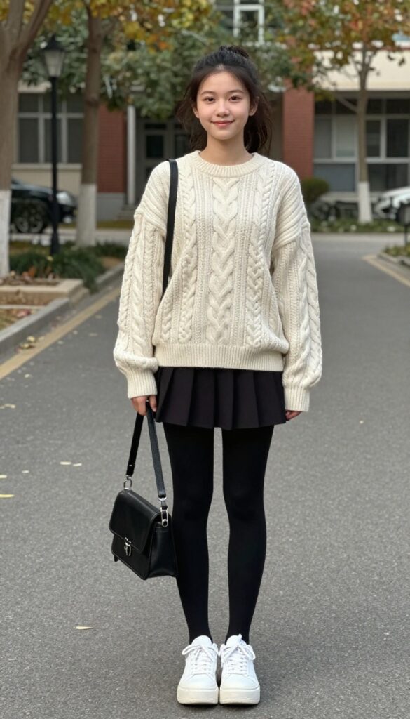 2. Oversized Sweater + Mini Skirt + Chunky Sneakers