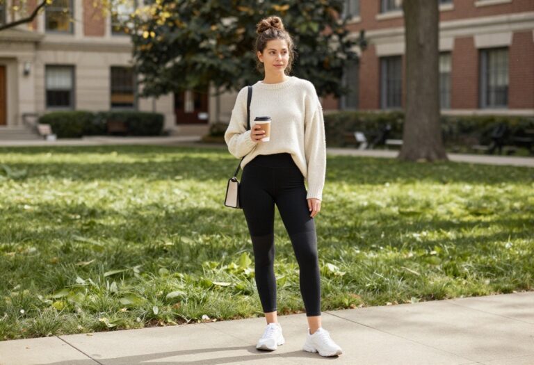 Woman in oversized sweater and biker shorts on campus