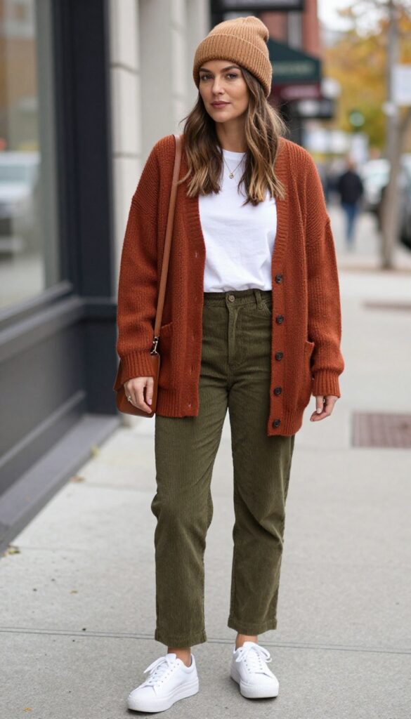 8. Corduroy Pants + Cozy Cardigan + Platform Sneakers