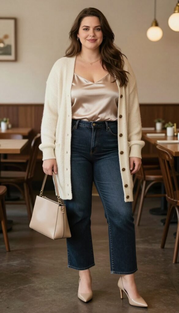 6. Dark Wash Bootcut Jeans + Silk Camisole + Cardigan