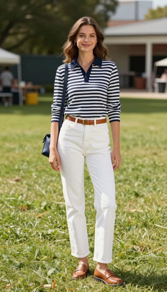 8. Striped Polo & White Jeans