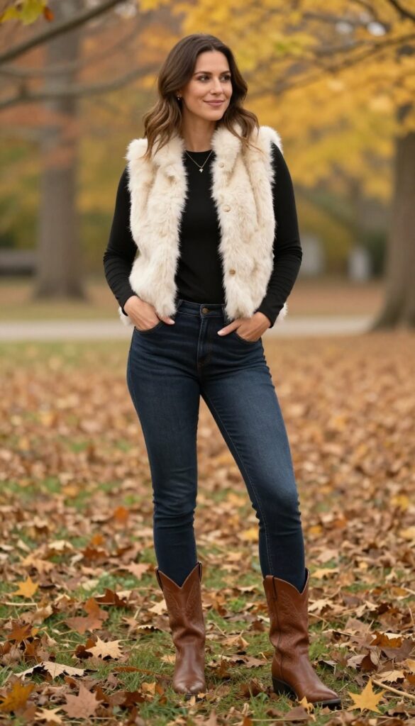 11. Faux Fur Vest + Long-Sleeve Tee + Skinny Jeans + Western Boots