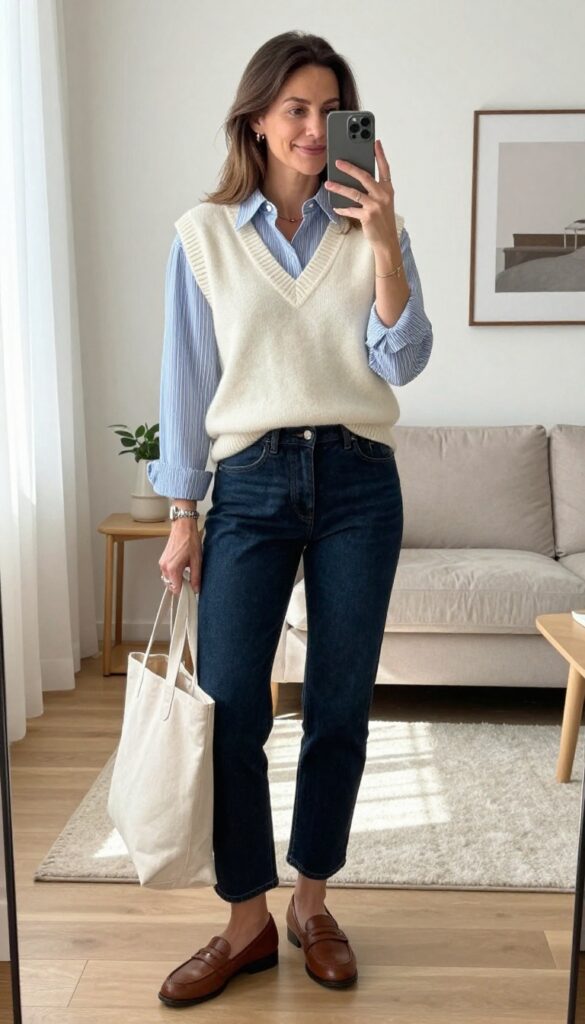 8. Knit Vest + Button-Down Shirt + Dark Wash Jeans + Loafers