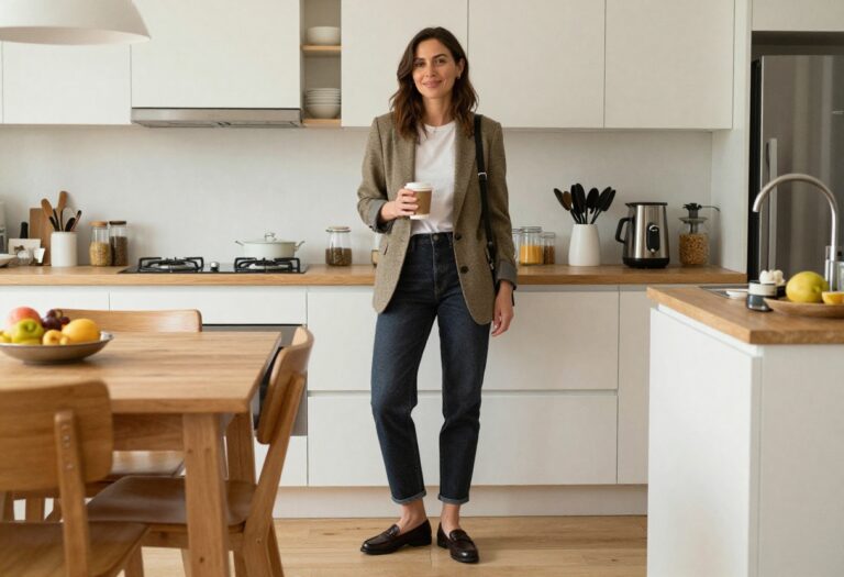 Working mom in blazer, jeans, and loafers holding coffee in a bright kitchen