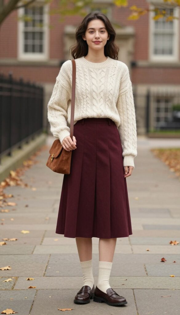 9. Cable-Knit Sweater and Pleated Skirt