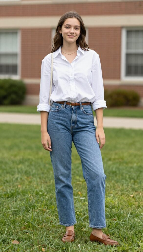 9. Button-Down Shirt with Straight-Leg Jeans