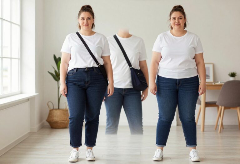 Plus size woman in casual outfit with jeans and white tee