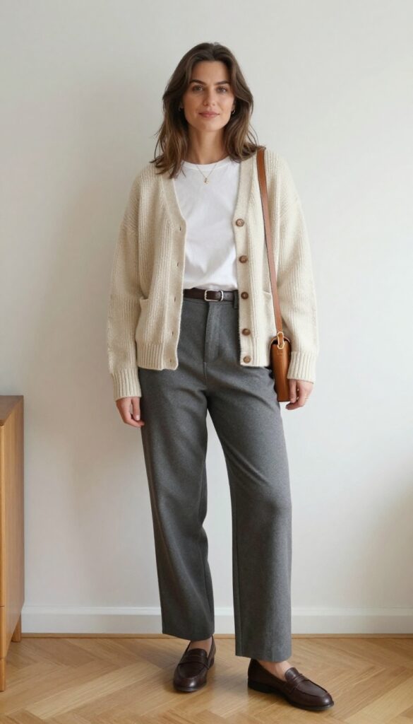 5. Cashmere Cardigan + White Tee + Tailored Trousers