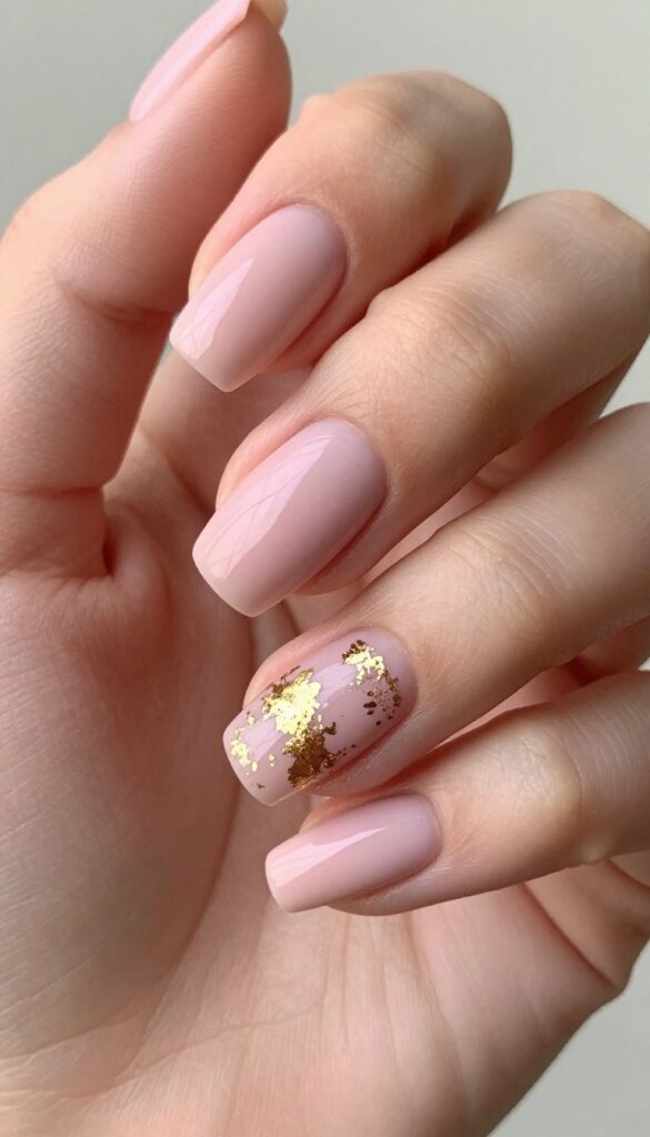 Matte dusty pink nails with gold foil accents on ring finger
