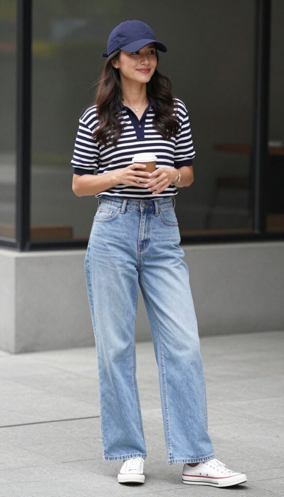 4. Baseball Cap with a Striped Polo and Wide-Leg Jeans