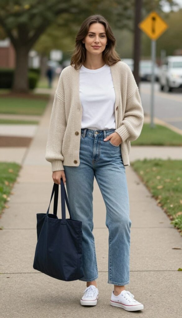 12. Sweater Weather: Chunky Cardigan + Tee + Straight-Leg Jeans