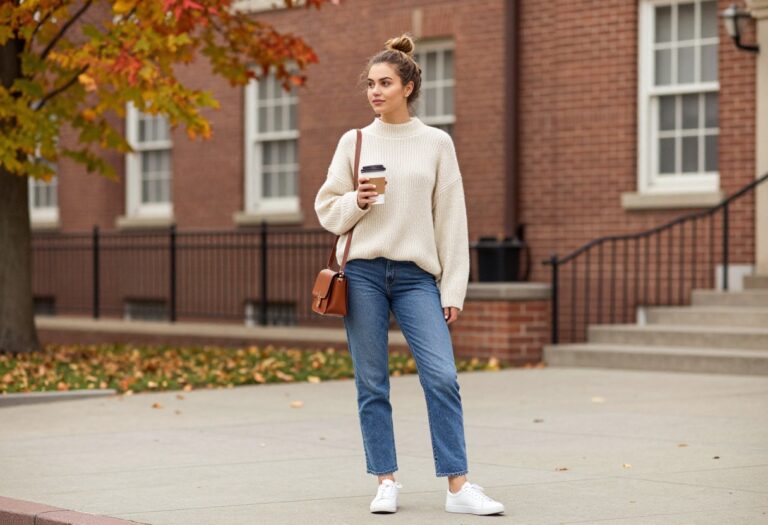 Young woman in cozy knit sweater and jeans on college campus