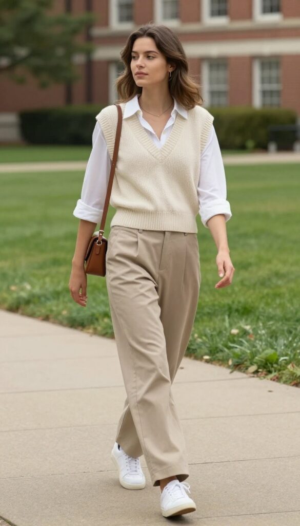3. Knit Vest and Wide-Leg Trousers