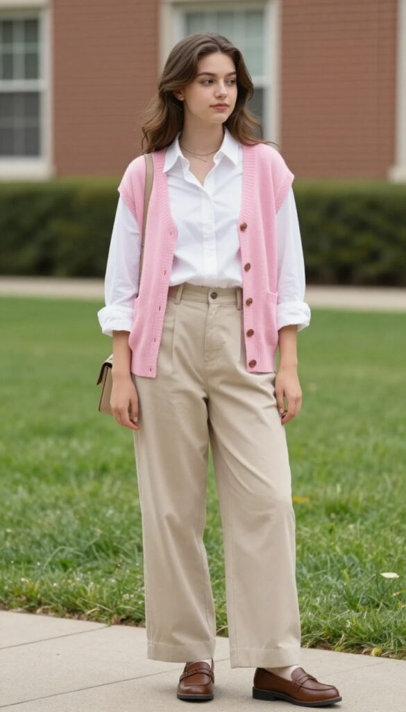 4. Button-Up Shirt + Cardigan + Wide-Leg Trousers