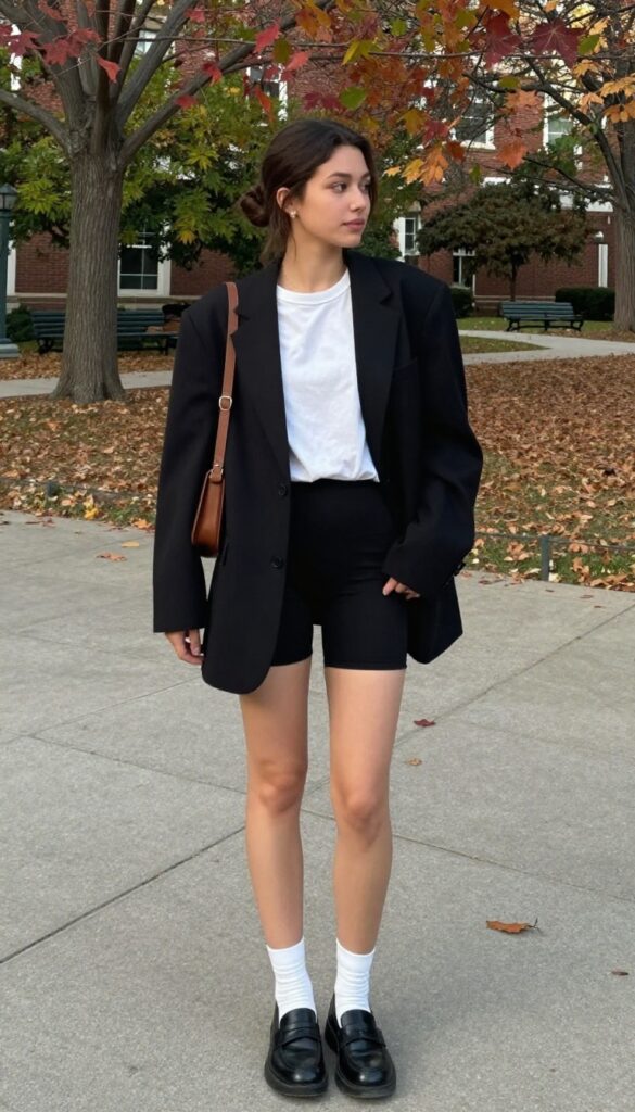 2. Oversized Blazer with Bike Shorts and Loafers