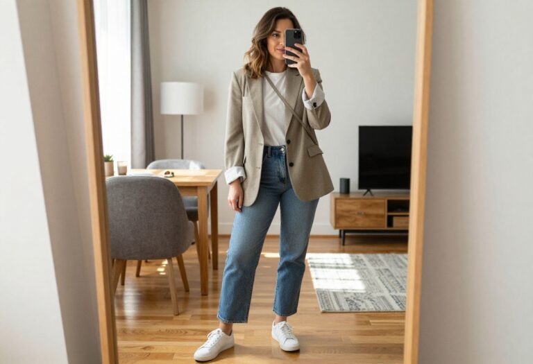 Modern mum outfit with blazer, jeans, and white sneakers in a bright living room