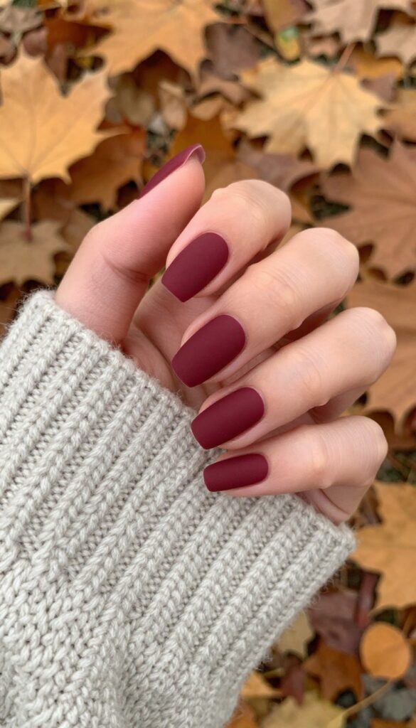 Velvet burgundy matte nails in almond shape on a hand with cozy autumn background