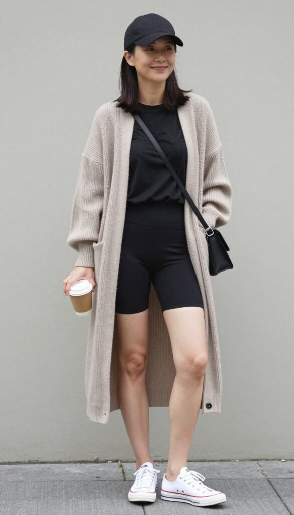 10. Long Cardigan + Graphic Tee + Bike Shorts + Sneakers
