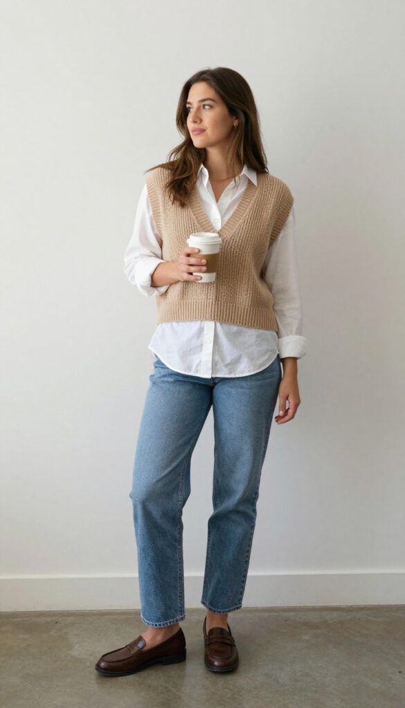 2. Button-Down Shirt Layered Under a Sweater Vest with Jeans