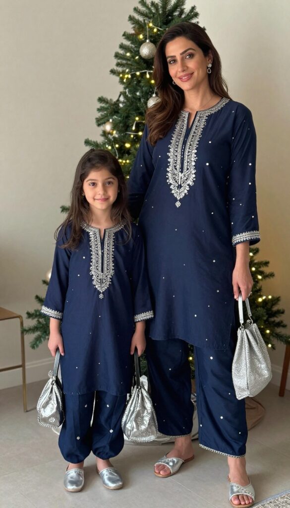 3. Navy Blue Sharara Sets with Silver Mirror Work