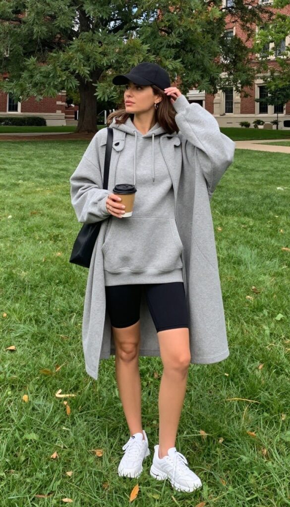 2. Oversized Hoodie and Biker Shorts