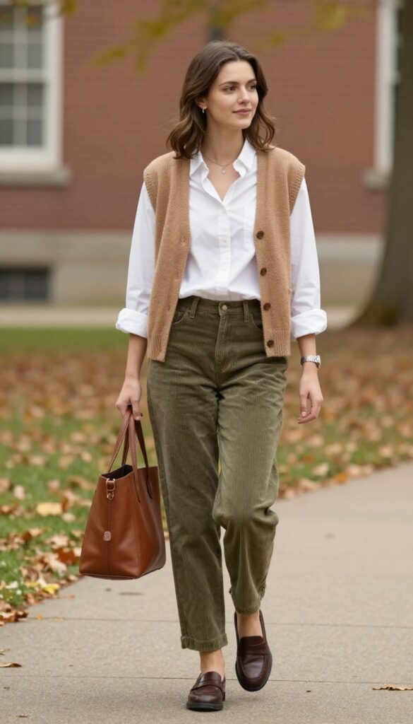 4. Button-Down Shirt + Cardigan + Corduroy Pants + Loafers