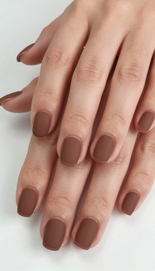 Short nails with matte cocoa brown polish and glossy tips