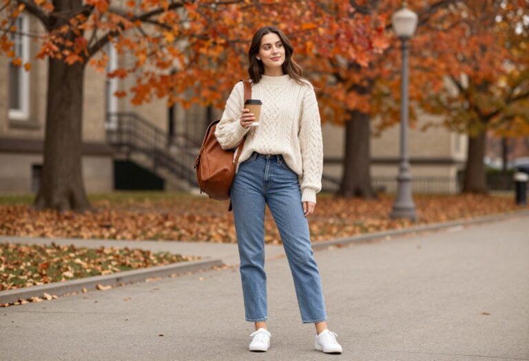 Young woman in oversized sweater and jeans on fall campus