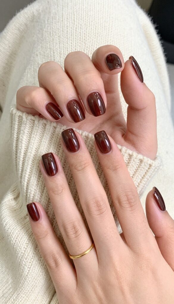 Chocolate cherry crème nails on square medium shape with glossy finish