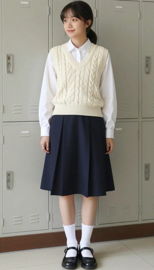 3. Knit Vest Over a Poplin Shirt with A-Line Skirt