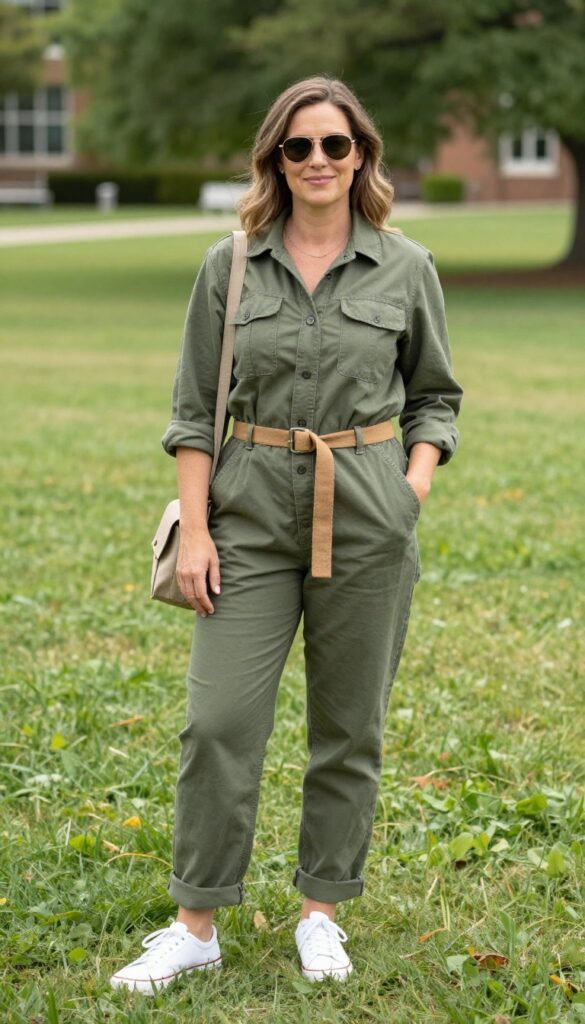 8. Utility Jumpsuit with a Belt and White Sneakers
