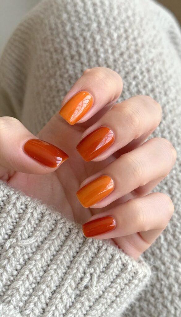 Short square nails with glossy spiced pumpkin orange polish