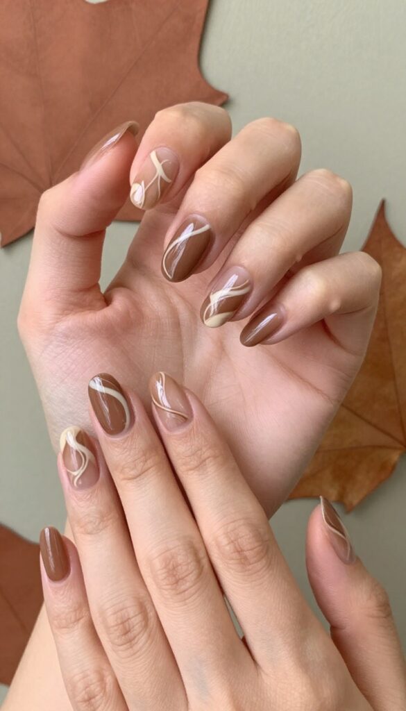 Mocha swirl nail art with cream swirls on warm brown base, glossy finish, fall wedding style.