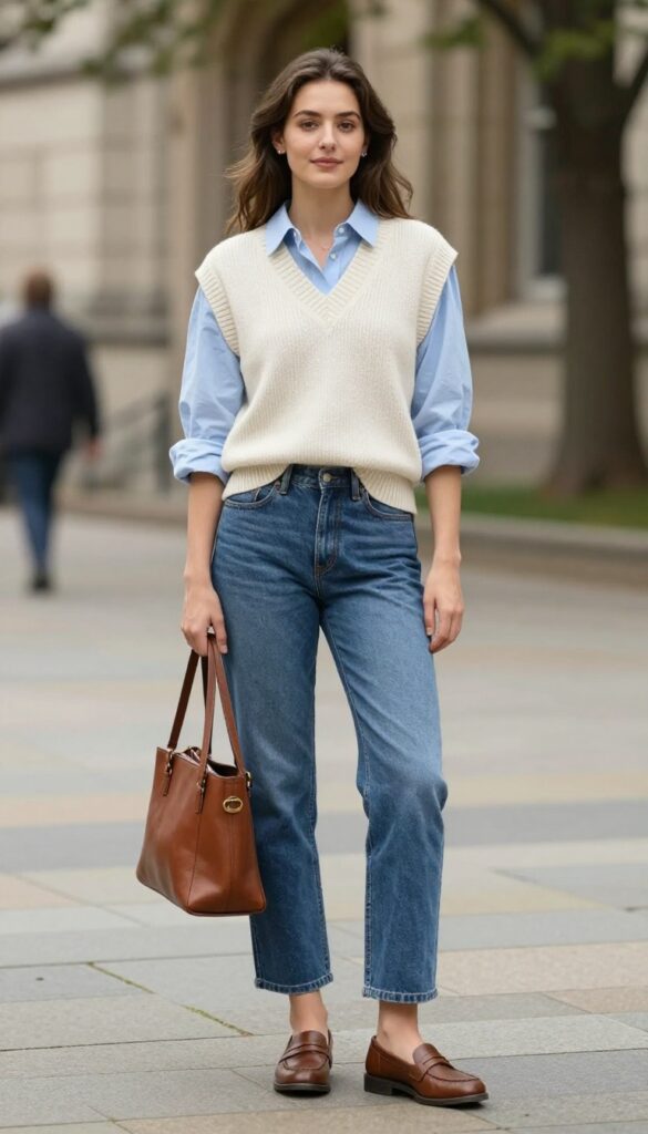 12. The Knit Vest & Button-Down Layering