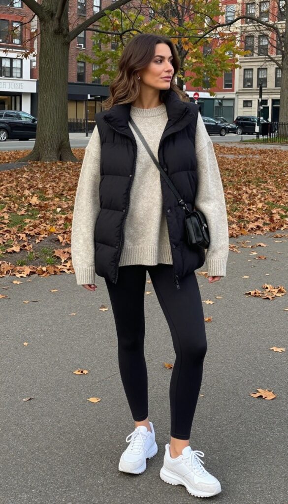 6. Oversized Sweater + Leggings + Long Puffer Vest