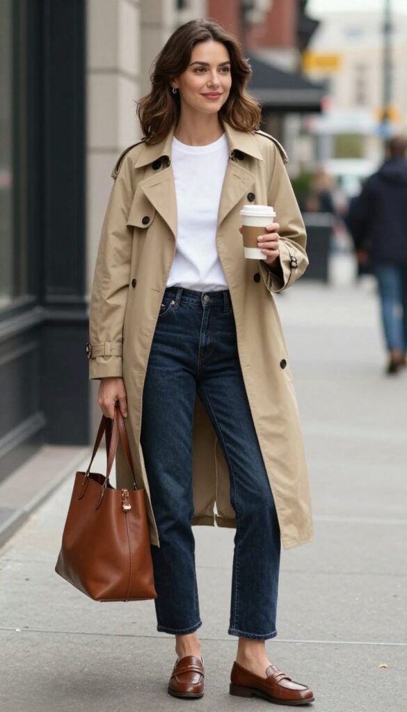 10. Trench Coat Over a Simple Tee and Dark Wash Jeans with Loafers