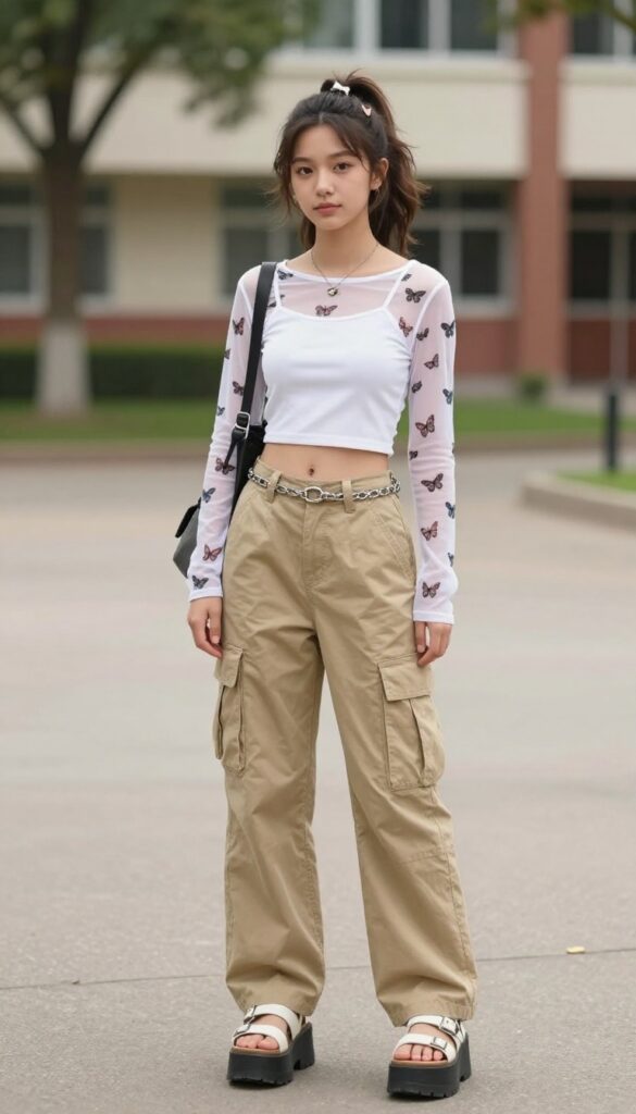3. Cargo Pants with a Cropped Tank and Butterfly Top