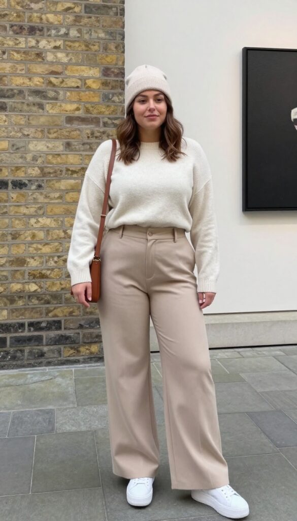 3. Wide-Leg Trousers + Cropped Sweater + Platform Sneakers