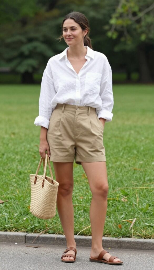5. Relaxed Button-Down Shirt with Cuffed Shorts and Leather Sandals