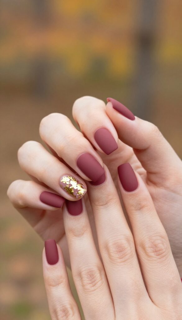 Matte merlot nails with gold foil accents on squoval shape