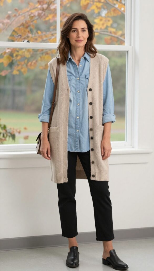 6. Longline Vest Over a Button-Down Shirt