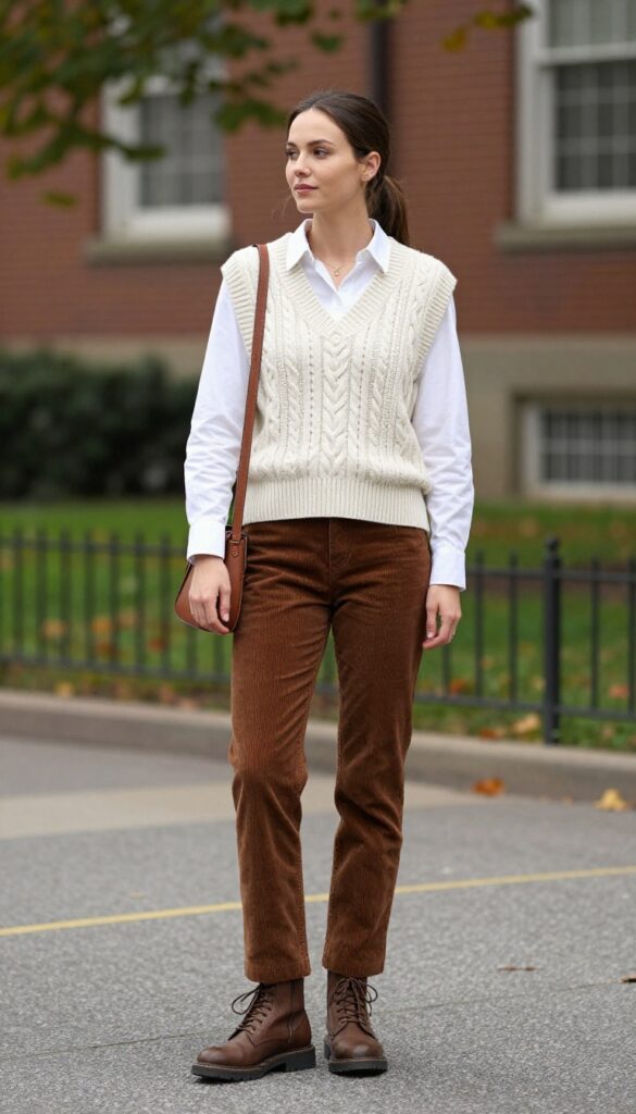 4. Cable-Knit Vest with a White Button-Down and Corduroy Pants
