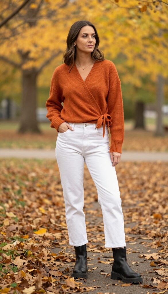 13. Wrap Sweater + White Jeans + Lug-Sole Boots