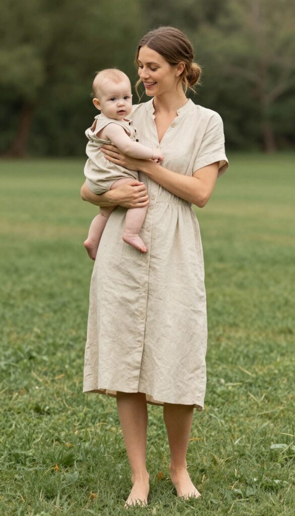 11. Linen Button-Front Dress and Sandals