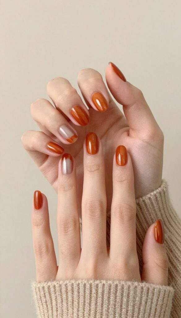 Burnt orange chrome nails with glossy mirror finish