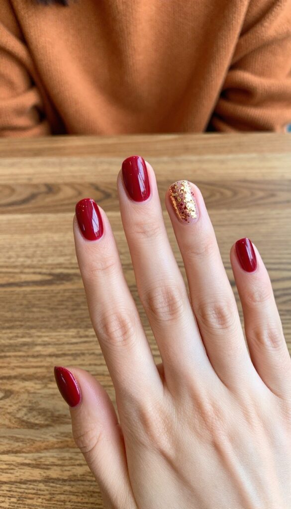 Cranberry red nails with gold flakes on almond shape
