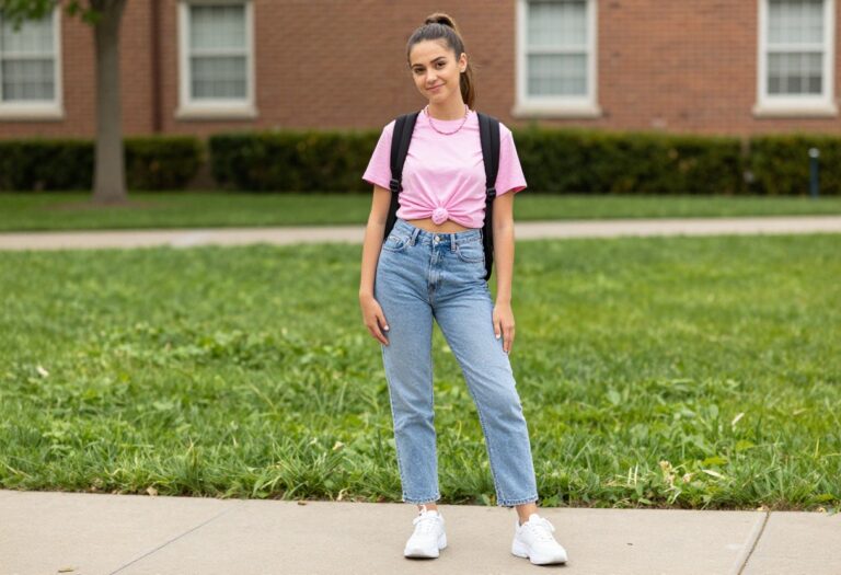 Young woman in Y2K school outfit with low-rise jeans and baby tee on campus