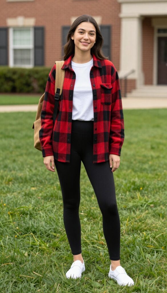 3. Flannel Shirt Over a White Tee and Black Leggings
